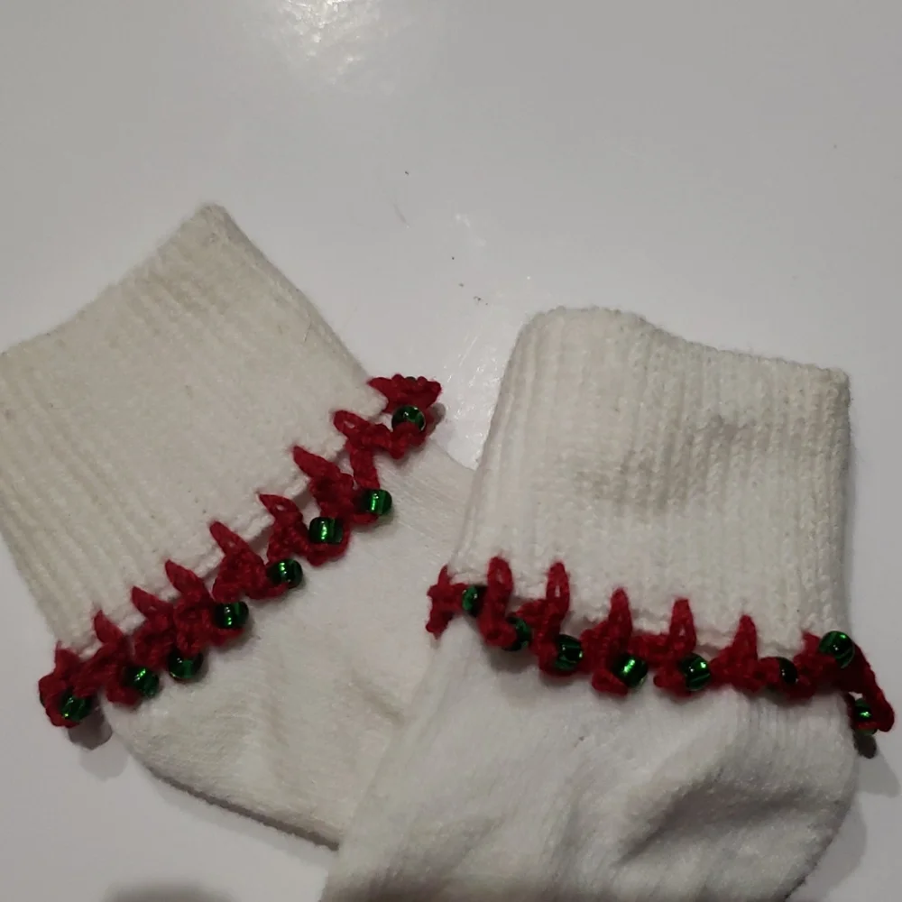 Christmas Handmade Crocheted baby girl socks 0-6M